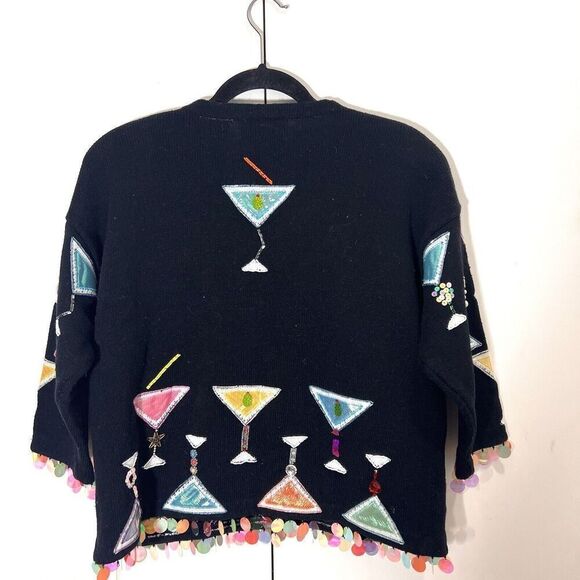 DESIGN OPTIONS Cardigan Sweater Martini Glass 3D Beaded Multicolor Bling Knit - Picture 2 of 8